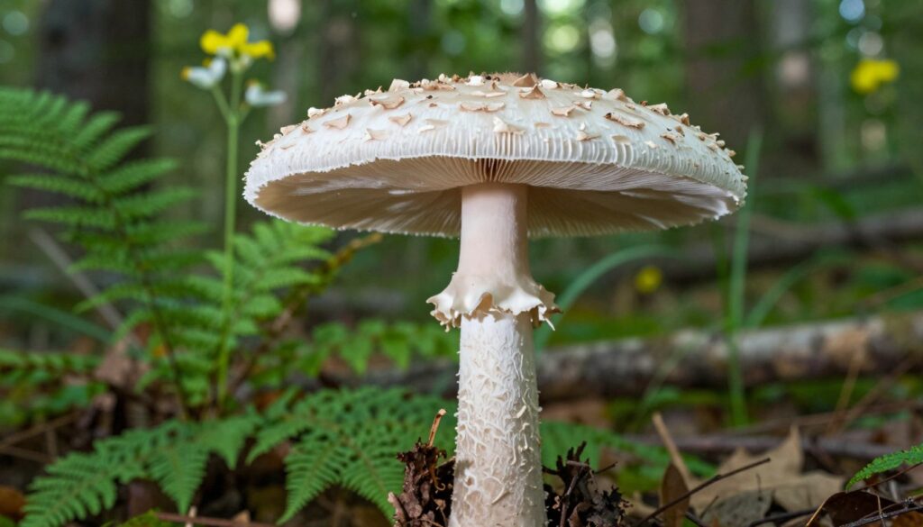 A stunning close-up of the edible mushroom known as Kania Grzyb, or Macrolepiota procera, displayed prominently in the foreground. The mushroom features a large, umbrella-shaped cap with a delicate, scaly texture and a striking white stem adorned with intricate patterns. Surrounding the mushroom, a lush, green forest floor creates a natural habitat, with soft light filtering through leafy canopies, casting dappled shadows. In the background, blurred hints of ferns and wildflowers enhance the forest atmosphere, contributing to a sense of tranquility. The composition captures the essence of a peaceful nature scene, inviting the viewer to appreciate the beauty and significance of this mushroom. The image should evoke an informative yet serene mood, suitable for an educational context about foraging.