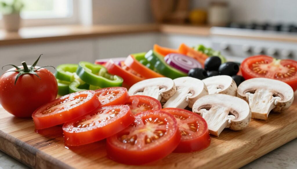 A vibrant and appetizing arrangement of ingredients for pizza, featuring fresh, bright red tomatoes, sliced white mushrooms, and an assortment of colorful vegetables like green bell peppers, red onions, and black olives. In the foreground, the tomatoes glisten with moisture, showcasing their ripe texture, while the mushrooms are neatly sliced to emphasize their delicate caps. The vegetables are artfully placed on a rustic wooden cutting board, with a soft focus on the background highlighting a cozy kitchen setting with warm natural light filtering through a window. Capture the scene from a slightly elevated angle to emphasize the variety and freshness of the ingredients, creating an inviting and cheerful atmosphere, ideal for showcasing how to control moisture while preparing pizza toppings.