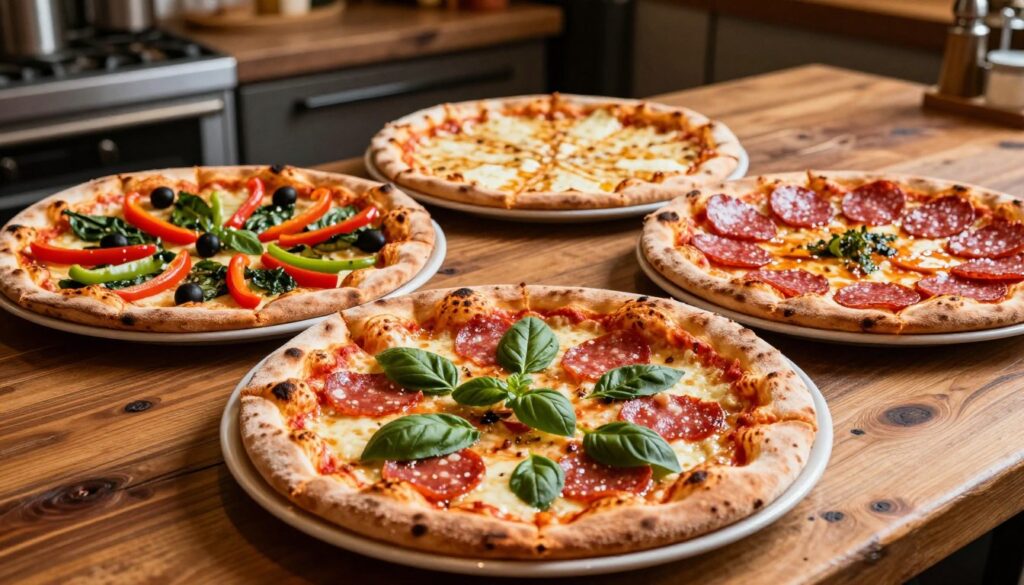 A vibrant and appetizing comparison of different pizza types laid out on a rustic wooden table. In the foreground, a Neapolitan pizza with its characteristic soft crust, fresh basil, and vibrant margherita toppings takes center stage. Slightly behind it, a vegetarian pizza piled high with colorful bell peppers, olives, and spinach showcases its fresh ingredients. Next, a classic cheese pizza, bubbling with melted mozzarella, and a salami pizza with red, spicy salami slices glistening. The background is a cozy Italian kitchen setting, softly lit with warm, inviting light that highlights the textures of the pizzas. The angle captures the pizzas from a slight overhead perspective, inviting viewers to appreciate the contrasts in colors and toppings. The atmosphere is warm and inviting, evoking a sense of delicious indulgence in Italian cuisine.