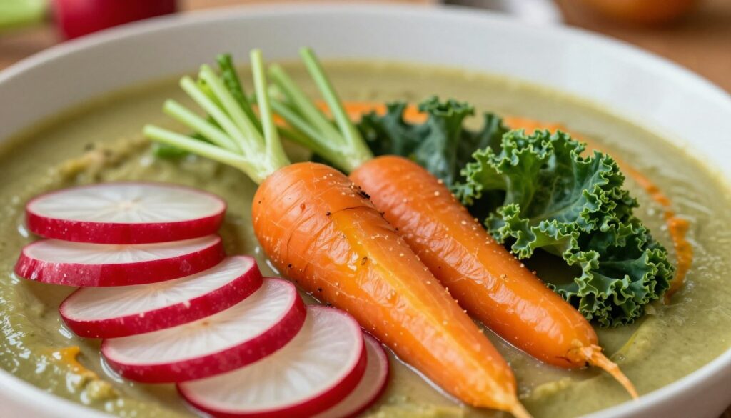 A vibrant and colorful array of fresh vegetables beautifully arranged as garnishes for a creamy soup. In the foreground, a variety of sliced vegetables like bright red radishes, deep green kale, and golden roasted carrots are artistically placed, showcasing their textures and colors. In the middle ground, a bowl of velvety soup, perhaps a rich green or warm orange, serves as the base for these garnishes, inviting the viewer's eye. The background should be softly blurred to enhance the focus on the vegetables and soup, with warm, soft lighting creating a cozy atmosphere. Use a close-up angle to emphasize the details of the vegetables, highlighting their freshness and vibrant hues. The mood is inviting and healthy, perfect for a culinary setting.