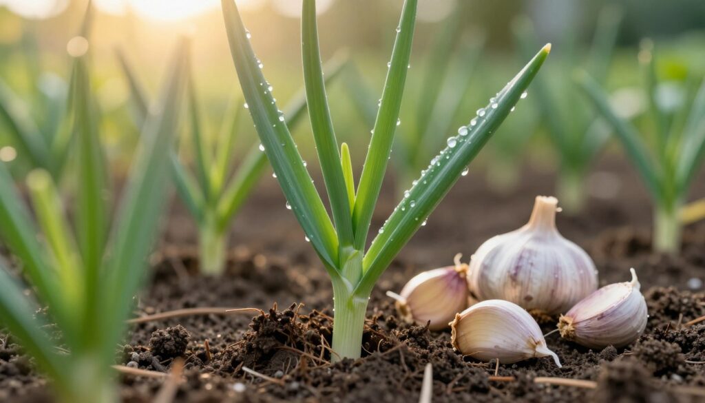 A vibrant and detailed close-up image of fresh garlic sprouts alongside garlic greens, highlighting their lush green color and delicate texture. The foreground includes dewdrops glistening on the leaves, emphasizing freshness and vitality. In the middle ground, a few cloves of garlic are partially buried in rich, dark soil, representing their natural environment. The background features a soft, blurred garden setting with warm, golden sunlight filtering through, creating an inviting and earthy atmosphere. Use a shallow depth of field to focus on the sprouts and garlic while the background remains softly out of focus. This representation evokes a sense of health, nutrition, and the antioxidant properties associated with garlic and its greens.