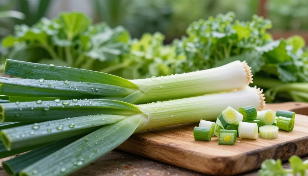 A vibrant and detailed close-up of fresh green leek leaves interspersed with white and green segments, showcasing the healthy benefits of fiber, potassium, and vitamins. In the foreground, focus on dew-kissed leaves, glistening under soft, natural sunlight that illuminates their texture and color gradients. In the middle, include an artistic arrangement of chopped leek pieces on a rustic wooden cutting board, emphasizing their nutrient-rich qualities. The background features a blurred garden setting, filled with a lush assortment of vegetables and herbs to convey an organic, vibrant atmosphere. The scene radiates health and wellness, inviting viewers to appreciate the nutritional value of eating both the white and green parts of leeks. A vibrant and detailed close-up of fresh green leek leaves interspersed with white and green segments, showcasing the healthy benefits of fiber, potassium, and vitamins. In the foreground, focus on dew-kissed leaves, glistening under soft, natural sunlight that illuminates their texture and color gradients. In the middle, include an artistic arrangement of chopped leek pieces on a rustic wooden cutting board, emphasizing their nutrient-rich qualities. The background features a blurred garden setting, filled with a lush assortment of vegetables and herbs to convey an organic, vibrant atmosphere. The scene radiates health and wellness, inviting viewers to appreciate the nutritional value of eating both the white and green parts of leeks.