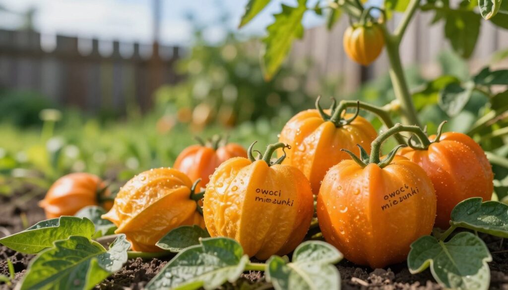 A vibrant and detailed composition of "owoce miechunki" (husk tomatoes) set against a natural backdrop. In the foreground, plump orange and yellow husked fruits are nestled among their green leafy stems, showcasing their unique, lantern-like appearance. The middle ground features a softly blurred garden with lush greenery, hinting at a warm, sunlit day that enhances the colors of the fruits. In the background, a faint hint of a rustic wooden fence and a soft blue sky add depth to the scene. The lighting is warm and inviting, creating a fresh and natural atmosphere, while a slight bokeh effect emphasizes the subject. The scene conveys a sense of curiosity and exploration, ideal for informing viewers about these intriguing fruits. A vibrant and detailed composition of "owoce miechunki" (husk tomatoes) set against a natural backdrop. In the foreground, plump orange and yellow husked fruits are nestled among their green leafy stems, showcasing their unique, lantern-like appearance. The middle ground features a softly blurred garden with lush greenery, hinting at a warm, sunlit day that enhances the colors of the fruits. In the background, a faint hint of a rustic wooden fence and a soft blue sky add depth to the scene. The lighting is warm and inviting, creating a fresh and natural atmosphere, while a slight bokeh effect emphasizes the subject. The scene conveys a sense of curiosity and exploration, ideal for informing viewers about these intriguing fruits.