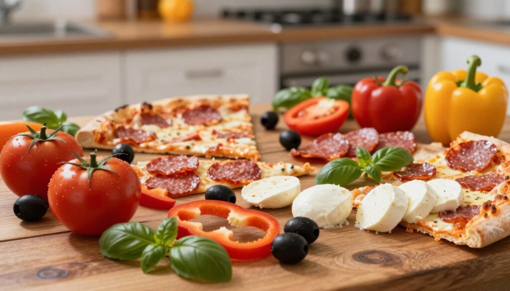 A vibrant and detailed composition showcasing a variety of pizza ingredients, arranged artfully on a rustic wooden table. In the foreground, fresh and colorful vegetables including ripe tomatoes, bell peppers, black olives, and green basil leaves are prominently displayed, adding a pop of color. Slices of mozzarella cheese and pepperoni are positioned in the middle ground, enhancing the visual appeal. The background features a blurred out kitchen setting with soft, warm lighting to create an inviting atmosphere. The focus is sharp on the ingredients, with a slightly angled top-down perspective that conveys a sense of abundance and freshness. This image should evoke a sense of culinary creativity and inspire viewers about pizza-making. A vibrant and detailed composition showcasing a variety of pizza ingredients, arranged artfully on a rustic wooden table. In the foreground, fresh and colorful vegetables including ripe tomatoes, bell peppers, black olives, and green basil leaves are prominently displayed, adding a pop of color. Slices of mozzarella cheese and pepperoni are positioned in the middle ground, enhancing the visual appeal. The background features a blurred out kitchen setting with soft, warm lighting to create an inviting atmosphere. The focus is sharp on the ingredients, with a slightly angled top-down perspective that conveys a sense of abundance and freshness. This image should evoke a sense of culinary creativity and inspire viewers about pizza-making.