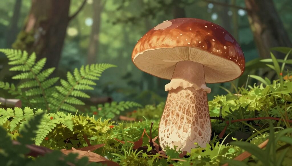 A vibrant and detailed illustration of a Borowik ceglastopory mushroom (Penny Bun) set against a lush forest background. In the foreground, showcase the characteristic features of the mushroom, including its broad, rounded cap with a reddish-brown hue, and a thick stem covered in a fine, net-like pattern. Highlight the spongy, cream-colored underside of the cap, emphasizing its unique texture. The middle ground should feature various shades of green from ferns and moss, adding depth and richness to the scene. Soft, diffused natural light filters through the tree canopy, creating a serene and inviting atmosphere. Capture the image from a slightly low angle, reinforcing the mushroom's prominence in its natural habitat while avoiding any human presence. A vibrant and detailed illustration of a Borowik ceglastopory mushroom (Penny Bun) set against a lush forest background. In the foreground, showcase the characteristic features of the mushroom, including its broad, rounded cap with a reddish-brown hue, and a thick stem covered in a fine, net-like pattern. Highlight the spongy, cream-colored underside of the cap, emphasizing its unique texture. The middle ground should feature various shades of green from ferns and moss, adding depth and richness to the scene. Soft, diffused natural light filters through the tree canopy, creating a serene and inviting atmosphere. Capture the image from a slightly low angle, reinforcing the mushroom's prominence in its natural habitat while avoiding any human presence.