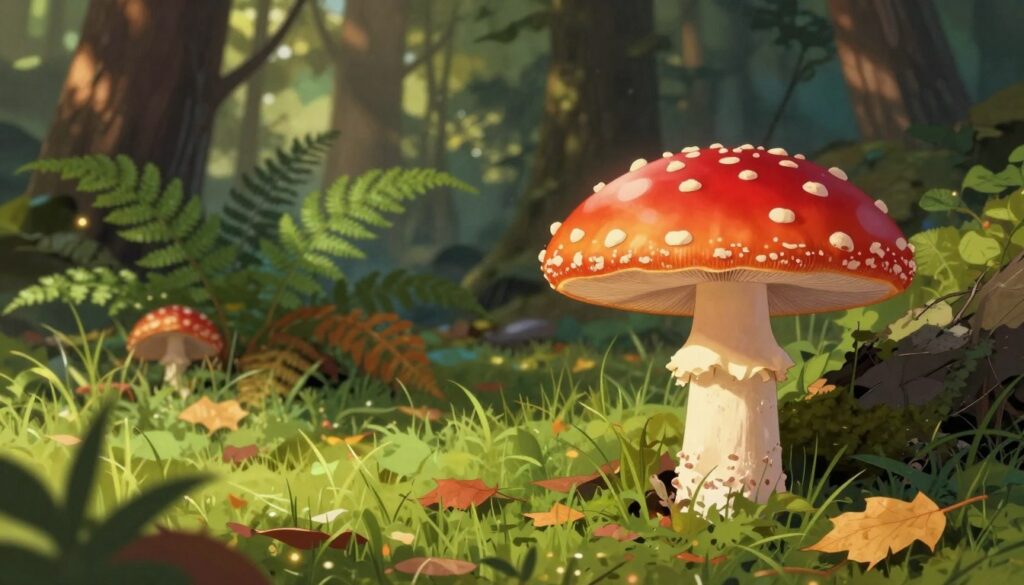 A vibrant and detailed illustration of a "muchomor" mushroom, specifically the iconic red Amanita muscaria with white spots, prominently placed in the foreground. The mushroom should be depicted in a natural forest setting, surrounded by lush green grass and scattered autumn leaves. In the middle ground, soft-focused ferns and other forest flora should add depth, while tall, shadowy trees rise in the background, partially illuminated by dappled sunlight filtering through the foliage. The lighting should create a warm and inviting atmosphere, highlighting the bright red cap of the mushroom, while soft shadows evoke a sense of mystery. The angle should be slightly low, emphasizing the grandeur of the muchomor and its surroundings, capturing the essence of a peaceful woodland ecosystem.