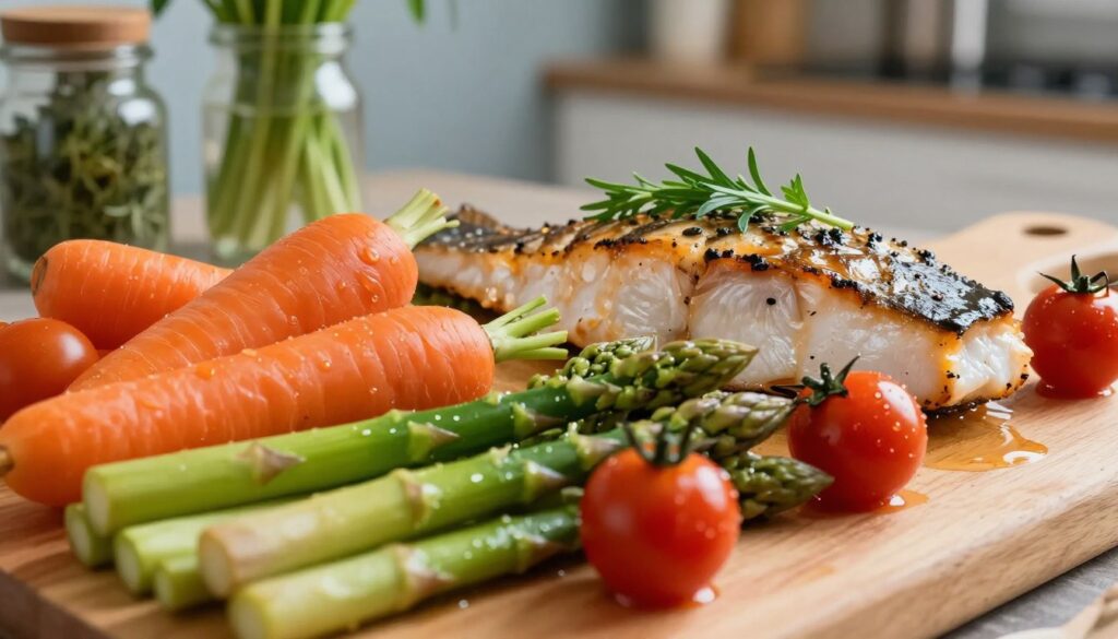A vibrant and enticing arrangement of fresh vegetables complementing a beautifully cooked fish dish. In the foreground, display an assortment of colorful vegetables such as bright green asparagus, deep orange carrots, and crimson cherry tomatoes, glistening with moisture. In the middle, a perfectly seared piece of fish rests on a light wooden cutting board, garnished with fresh herbs that add a pop of green. The background features a warm, softly-lit kitchen ambiance with hints of fresh herbs in small jars and a faint blue-gray wall. The lighting should create a cozy, inviting atmosphere, with soft shadows enhancing the textures of the vegetables and fish. The angle should be slightly above the dish, showcasing the freshness and appeal of the vegetables as a perfect complement to the fish. A vibrant and enticing arrangement of fresh vegetables complementing a beautifully cooked fish dish. In the foreground, display an assortment of colorful vegetables such as bright green asparagus, deep orange carrots, and crimson cherry tomatoes, glistening with moisture. In the middle, a perfectly seared piece of fish rests on a light wooden cutting board, garnished with fresh herbs that add a pop of green. The background features a warm, softly-lit kitchen ambiance with hints of fresh herbs in small jars and a faint blue-gray wall. The lighting should create a cozy, inviting atmosphere, with soft shadows enhancing the textures of the vegetables and fish. The angle should be slightly above the dish, showcasing the freshness and appeal of the vegetables as a perfect complement to the fish.
