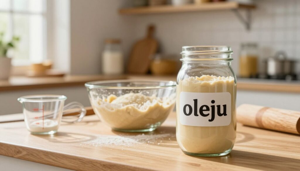 A vibrant and inviting kitchen scene featuring a glass jar of "oleju" standing prominently in the foreground, with the light reflecting off its smooth surface. In the middle, a mixing bowl filled with a rich dough sits on a wooden countertop, alongside measuring cups and a whisk, suggesting preparation for pastries. The background displays soft-focus shelves filled with baking ingredients, creating a cozy and warm atmosphere. Soft natural lighting streams in from a window, casting gentle shadows that highlight the textures of the countertop and the ingredients. The overall mood is cheerful and inviting, ideally capturing the essence of home baking and the use of alternatives in food preparation.