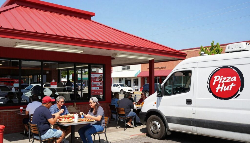 A vibrant and inviting scene featuring a classic Pizza Hut location, showcasing the restaurant's distinctive red-roofed architecture in the foreground. To the right, a delivery car with the Pizza Hut logo is parked, hinting at the quick-service aspect. In the middle ground, customers dine al fresco at a cozy outdoor seating area, enjoying various pizza styles, from classic pepperoni to specialty options. The background displays a bustling street with lively colors, accentuated by a sunny day and clear blue skies, creating a cheerful atmosphere. Use natural lighting to emphasize the warm tones of the pizza and the friendly vibe of the restaurant. The angle should slightly elevate to capture the inviting exterior and the lively interaction of patrons, conveying a communal and enjoyable dining experience. A vibrant and inviting scene featuring a classic Pizza Hut location, showcasing the restaurant's distinctive red-roofed architecture in the foreground. To the right, a delivery car with the Pizza Hut logo is parked, hinting at the quick-service aspect. In the middle ground, customers dine al fresco at a cozy outdoor seating area, enjoying various pizza styles, from classic pepperoni to specialty options. The background displays a bustling street with lively colors, accentuated by a sunny day and clear blue skies, creating a cheerful atmosphere. Use natural lighting to emphasize the warm tones of the pizza and the friendly vibe of the restaurant. The angle should slightly elevate to capture the inviting exterior and the lively interaction of patrons, conveying a communal and enjoyable dining experience.