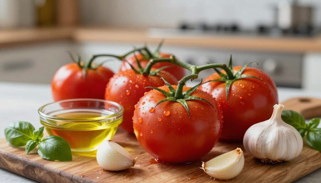A vibrant and mouth-watering arrangement of ingredients for a classic tomato sauce. In the foreground, showcase ripe, juicy tomatoes, glistening with droplets of water, surrounded by peeled garlic cloves with a hint of their golden skin. A small dish of extra virgin olive oil sits beside them, reflecting the light. Sprigs of fresh herbs like basil and oregano are artistically scattered around, adding a touch of green. In the middle ground, a rustic wooden cutting board creates a warm, inviting feel. The background features a softly blurred kitchen setting with natural light streaming in, casting gentle shadows, enhancing the cozy atmosphere. The focus should be sharp on the ingredients, capturing their rich colors and textures, inviting viewers to imagine the delicious sauce they can create.