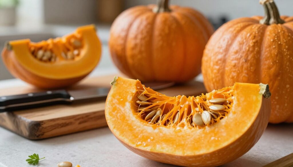 A vibrant, close-up image of fresh Gomez pumpkin flesh, showcasing its rich, orange color and smooth texture. The foreground features an intricately cut slice of the pumpkin, revealing its stringy interior and seeds. In the middle ground, a beautifully arranged setup includes a rustic wooden cutting board with a sharp knife and a few whole Gomez pumpkins, some with their skins still intact. Soft, natural lighting cascades from the left side, creating gentle highlights and shadows that enhance the vibrant hues of the pumpkin. The background remains blurred, hinting at a cozy kitchen atmosphere, with subtle hints of other vegetables and herbs, conveying an inviting and warm culinary mood. The overall image should capture the essence of preparation, simplistically elegant and stress-free. A vibrant, close-up image of fresh Gomez pumpkin flesh, showcasing its rich, orange color and smooth texture. The foreground features an intricately cut slice of the pumpkin, revealing its stringy interior and seeds. In the middle ground, a beautifully arranged setup includes a rustic wooden cutting board with a sharp knife and a few whole Gomez pumpkins, some with their skins still intact. Soft, natural lighting cascades from the left side, creating gentle highlights and shadows that enhance the vibrant hues of the pumpkin. The background remains blurred, hinting at a cozy kitchen atmosphere, with subtle hints of other vegetables and herbs, conveying an inviting and warm culinary mood. The overall image should capture the essence of preparation, simplistically elegant and stress-free.
