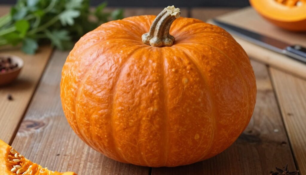 A vibrant close-up of a Hokkaido pumpkin (dynia hokkaido) resting on a rustic wooden table. The pumpkin has a deep orange hue, with smooth skin and a slightly glossy texture, accentuated by soft, natural lighting that highlights its curves and ridges. In the background, subtle hints of a kitchen setting with herbs and spices can be seen, creating a warm, inviting atmosphere. A blurred cutting board with a knife is partially visible, suggesting preparation for a delicious dish. The image should evoke a sense of homeliness and culinary enthusiasm, focusing solely on the Hokkaido pumpkin to convey its edible qualities, without any text or distractions.