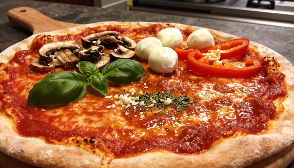 A vibrant close-up of a freshly made pizza, highlighting a rich, glossy red tomato sauce spread evenly over the dough. The foreground showcases a wooden pizza peel, with fresh basil leaves, crushed garlic, and a sprinkle of oregano placed artfully beside the sauce. In the middle, a neatly arranged selection of toppings such as sliced mushrooms, bell peppers, and mozzarella balls adds color and texture. The background features a rustic kitchen setting with warm, ambient lighting, illuminating the scene with a cozy, inviting atmosphere. The angle captures the pizza from slightly above, emphasizing the ingredients and showcasing the sauce's glossy texture. The mood is homey and appetizing, evoking a sense of culinary creativity.