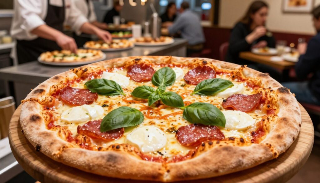 A vibrant close-up of a pizza with a variety of toppings, showcasing fresh ingredients like basil, mozzarella, and pepperoni, artfully arranged on a wooden pizza board. In the background, a bustling pizzeria atmosphere with chefs preparing pizzas and customers enjoying their meals, adding to the lively environment. The lighting is warm and inviting, highlighting the cheese melting and the crust's golden-brown edges. The angle captures the pizza from a slightly elevated perspective, emphasizing its deliciousness and texture. The overall mood is cheerful and inviting, reflecting a popular dining spot in Poland in 2026, focusing on the sensory experience of enjoying pizza and the factors influencing its price. A vibrant close-up of a pizza with a variety of toppings, showcasing fresh ingredients like basil, mozzarella, and pepperoni, artfully arranged on a wooden pizza board. In the background, a bustling pizzeria atmosphere with chefs preparing pizzas and customers enjoying their meals, adding to the lively environment. The lighting is warm and inviting, highlighting the cheese melting and the crust's golden-brown edges. The angle captures the pizza from a slightly elevated perspective, emphasizing its deliciousness and texture. The overall mood is cheerful and inviting, reflecting a popular dining spot in Poland in 2026, focusing on the sensory experience of enjoying pizza and the factors influencing its price.