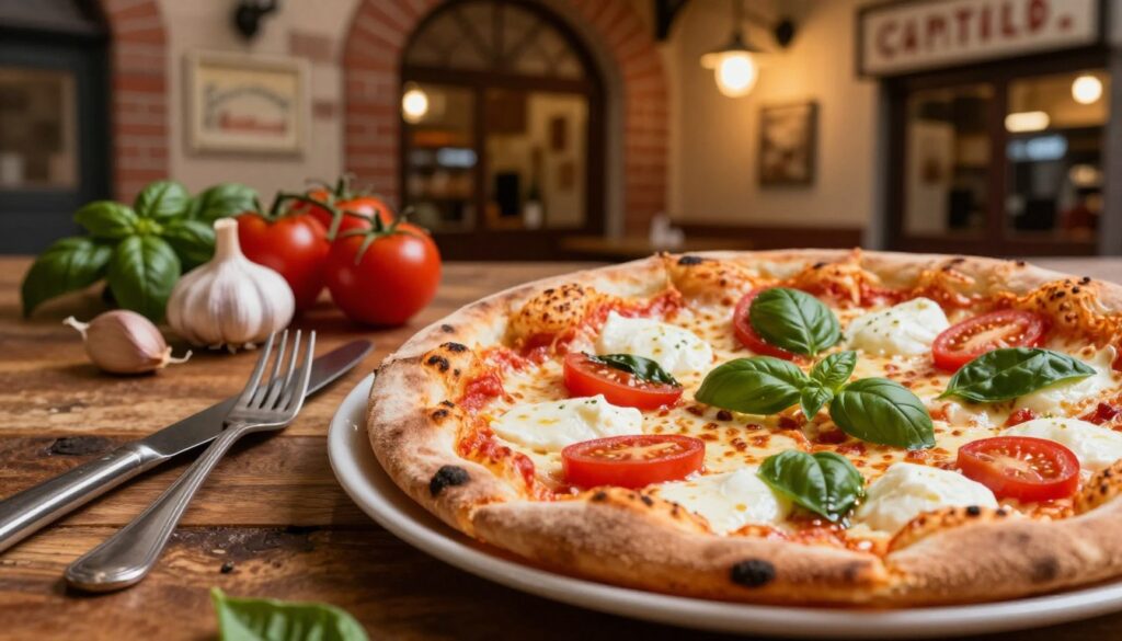 A vibrant close-up of a traditional Italian pizza, featuring a perfectly baked crust adorned with fresh mozzarella cheese, ripe tomatoes, and fragrant basil leaves. In the foreground, a rustic wooden table with a classic Italian knife and fork set beside a slice of the pizza, showcasing its gooey melted cheese. The middle ground features softly lit ingredients such as garlic, tomatoes, and basil, hinting at the pizza's origins. In the background, an old Italian pizzeria with brick walls and vintage decor, offering a nostalgic ambiance. The lighting is warm and inviting, with a slight glow emanating from a hanging pendant light, creating a cozy mood reminiscent of Italy's culinary heritage. The angle focuses on the pizza, baring its delicious details without any text or distractions.