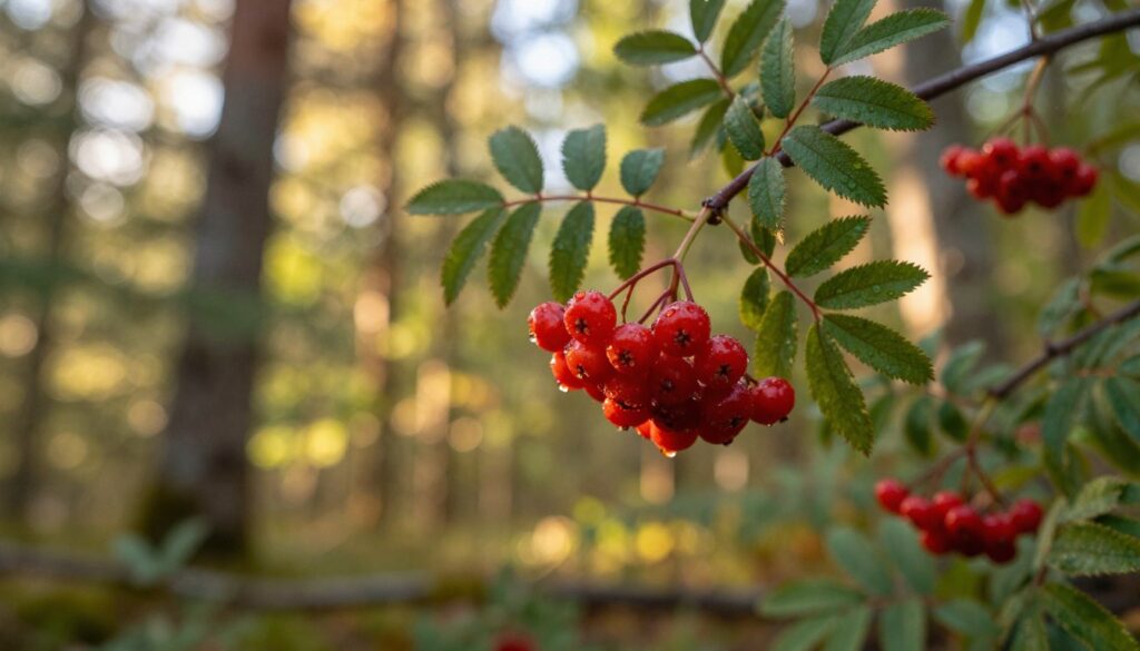 A vibrant close-up of edible rowan berries (jarzębina) hanging from a cluster of green leaves, showcased in the foreground. The berries should be bright red, glistening with morning dew, highlighting their freshness and ripeness. In the middle ground, a softly blurred background of a sunlit forest with dappled light filtering through the trees creates a warm, inviting atmosphere. The overall mood should feel natural and serene, evoking a sense of foraging in the wild. The image should be captured from a slightly low angle to emphasize the berries and leaves against the sky, with a shallow depth of field to create a dreamy effect. The lighting should be soft and warm, suggesting late afternoon sun, enhancing the colors of the fruit and foliage.