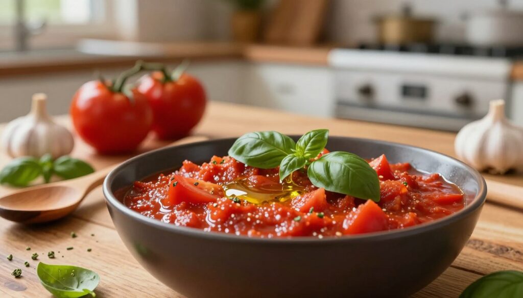 A vibrant, close-up scene of homemade tomato sauce for pizza, featuring a rustic wooden table as the foreground. The sauce should be presented in a deep, glossy bowl, rich in color with visible chunks of ripe tomatoes, fresh basil leaves, and a drizzle of olive oil glistening on top. The middle layer showcases a few kitchen tools like a wooden spoon and fresh ingredients like garlic and oregano scattered around. In the background, a soft-focus view of a cozy kitchen with warm, inviting lighting, emphasizing an atmosphere of comfort and culinary creativity. The overall composition should evoke a sense of homemade warmth and flavor, perfect for a pizza preparation setting.