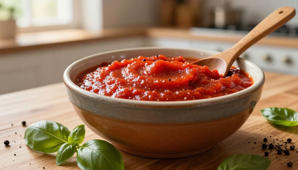 A vibrant, close-up view of a deep red, thick tomato sauce in a rustic ceramic bowl, placed on a wooden kitchen table. In the foreground, fresh basil leaves and cracked black pepper are artfully scattered around the bowl, highlighting the sauce's rich texture. In the middle ground, a wooden spoon rests beside the bowl, partially dipped in the sauce. The background features softly blurred elements of a warm, cozy kitchen, with sun rays filtering in through a window, creating a warm and inviting atmosphere. The lighting is soft and natural, emphasizing the sauce's glossy sheen. The overall mood is homely and appetizing, perfect for illustrating a hearty cooking process without any text or distractions.