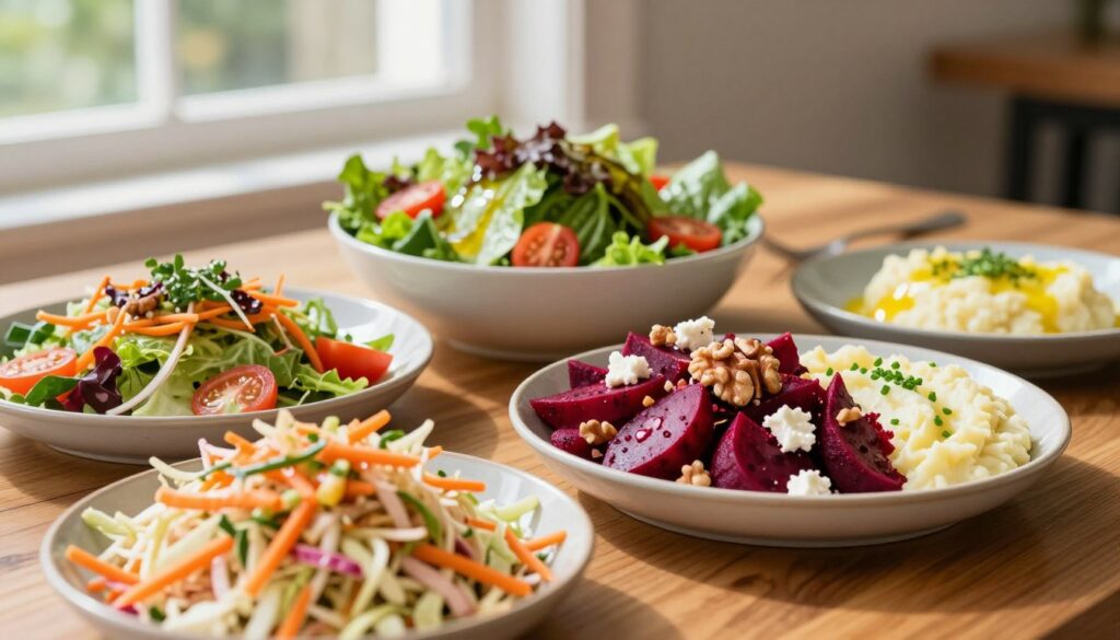 A vibrant, colorful display of various salads and side dishes arranged artistically on a wooden table. In the foreground, there's a fresh coleslaw with finely shredded carrots and cabbage, topped with a light vinaigrette. Next to it, a bright beet salad garnished with walnuts and feta, along with a creamy potato puree decorated with chives. In the middle, a bowl of mixed greens and cherry tomatoes, drizzled with olive oil. The background features soft, natural light filtering through a window, casting gentle shadows. The atmosphere is warm and inviting, evoking a fresh and healthy dining experience. The focus is on the vibrant colors and textures of the dishes, without any clutter or distractions in the scene.