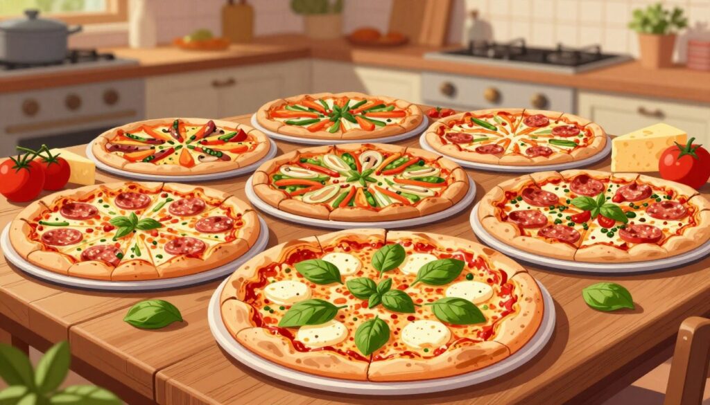 A vibrant, colorful illustration showcasing a variety of pizzas arranged artfully on a rustic wooden table. In the foreground, a classic margherita pizza garnished with fresh basil and melted mozzarella cheese stands out, while behind it, an assortment of pizzas with different toppings like pepperoni, mushrooms, and veggies can be seen, creating a rich tapestry of flavors. The middle ground features ingredients scattered about, including tomatoes, cheese, and herbs, enhancing the theme of pizza-making. In the background, a warm, inviting kitchen setting with soft, ambient lighting casts a cozy atmosphere. The image captures the joy and popularity of pizza, evoking a sense of culinary appreciation and curiosity, perfect for an article that explores intriguing pizza facts and statistics.