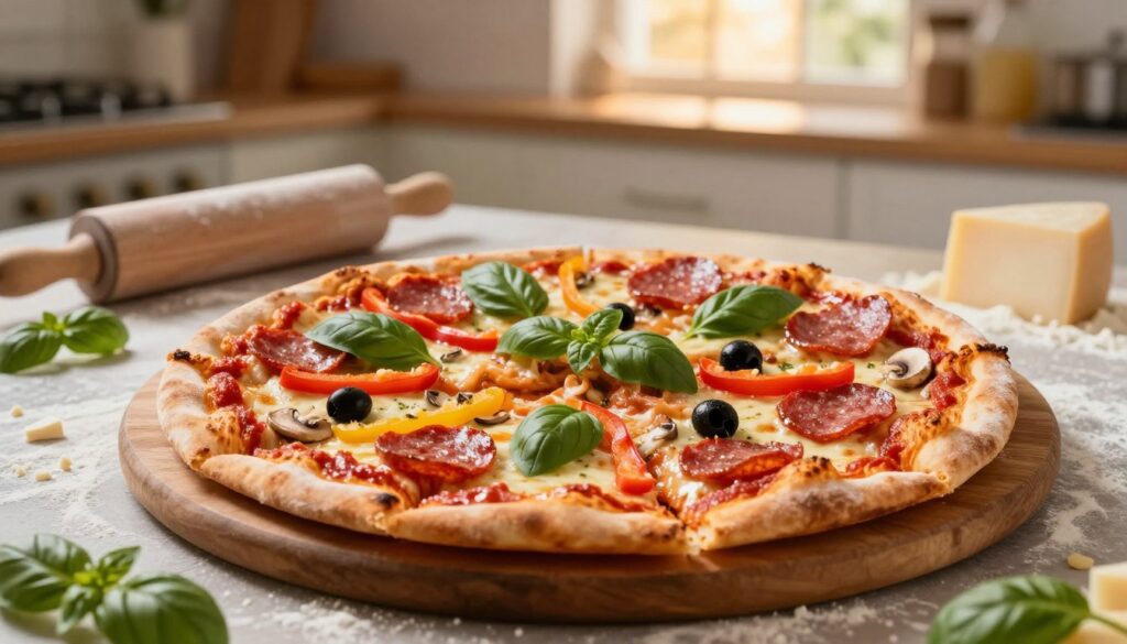 A vibrant composition showcasing classic pizza toppings arranged artfully on a wooden pizza board. In the foreground, slices of pizza display a melty cheese layer topped with rich tomato sauce, fresh basil, pepperoni slices, bell peppers, olives, and mushrooms, each ingredient glistening with freshness. The middle ground features a rustic kitchen with flour-dusted surfaces, rolling pins, and scattered ingredients like basil leaves and cheese shavings. The background is softly blurred, revealing warm, ambient lighting from a window, creating a cozy atmosphere. A shallow depth of field enhances the inviting, appetizing look of the pizza, inviting viewers to imagine the delightful taste combinations. A vibrant composition showcasing classic pizza toppings arranged artfully on a wooden pizza board. In the foreground, slices of pizza display a melty cheese layer topped with rich tomato sauce, fresh basil, pepperoni slices, bell peppers, olives, and mushrooms, each ingredient glistening with freshness. The middle ground features a rustic kitchen with flour-dusted surfaces, rolling pins, and scattered ingredients like basil leaves and cheese shavings. The background is softly blurred, revealing warm, ambient lighting from a window, creating a cozy atmosphere. A shallow depth of field enhances the inviting, appetizing look of the pizza, inviting viewers to imagine the delightful taste combinations.