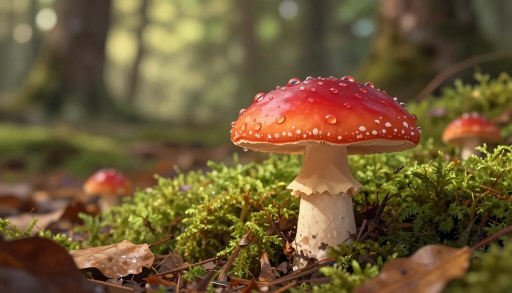 A vibrant, detailed illustration of "czarka szkarłatna" (Scarlet Cup), a striking mushroom species characterized by its bright red, cup-shaped cap with a smooth surface, nestled among a bed of green moss and fallen leaves. In the foreground, emphasize the mushroom's rich color and texture, capturing dew droplets glistening in soft morning light. The middle ground should include various shades of earthy browns and greens, hinting at the forest floor and additional fungi. In the background, depict gentle blurred shapes of trees, with dappled sunlight filtering through the leaves, creating a serene, woodland atmosphere. The image conveys a sense of tranquility and curiosity about the edible qualities of this unique mushroom. Use a macro lens perspective to highlight intricate details and vibrant colors, with soft, natural lighting to enhance the subject's alluring features.