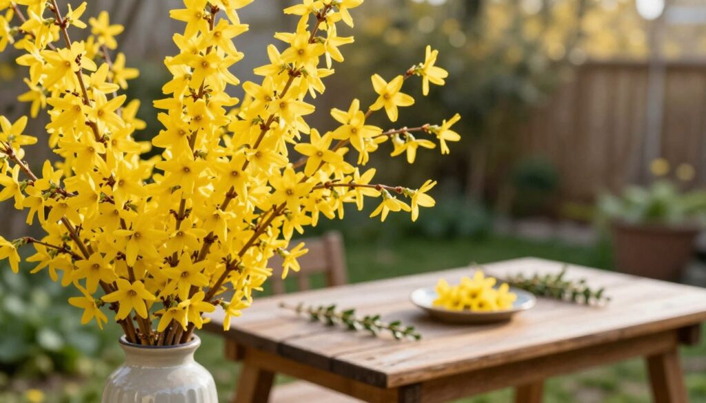 A vibrant display of Forsythia flowers, showcasing their bright yellow blossoms in full bloom. In the foreground, a delicate arrangement of flowering branches emerges from a simple, elegant vase, their petals catching soft natural light. In the middle ground, a rustic wooden table is adorned with subtle hints of culinary elements, such as sprigs of herbs and a small dish hinting at a creative use of the flowers in cooking. The background features a softly blurred garden scene, bathed in warm sunlight, evoking a serene and inviting atmosphere. The image should convey freshness and the potential culinary delights of Forsythia blossoms, with a focus on their texture and vivid color.