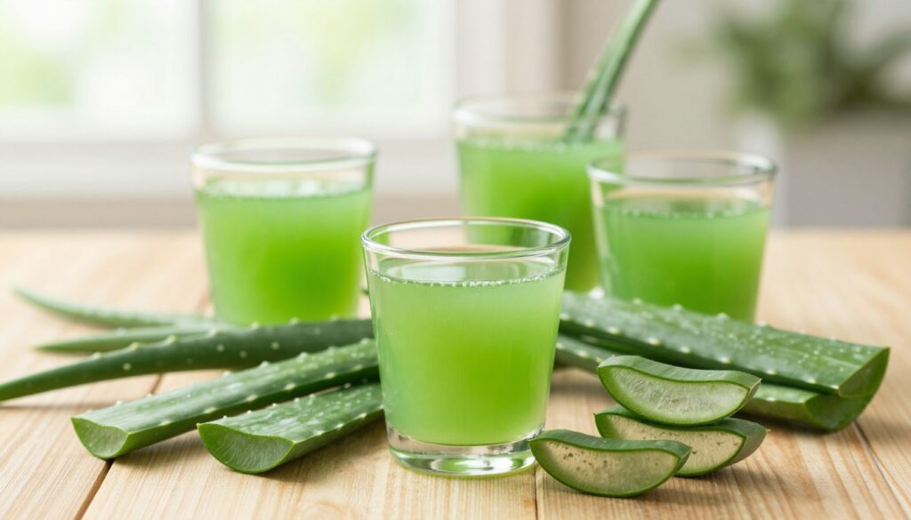 A vibrant display of aloe vera juice portions arranged elegantly on a wooden table. In the foreground, several clear glasses filled with fresh, green aloe vera juice, highlighting the smooth texture and inviting color. The middle ground features a few whole aloe vera leaves, with their thick, succulent skin, some sliced open to reveal the translucent gel inside, emphasizing freshness and health benefits. In the background, soft lighting filters through a window, creating a warm, serene atmosphere. This natural setting is complemented by a gentle bokeh effect, focusing on the aloe beverages. The overall mood conveys a sense of wellness, natural beauty, and the joyful experience of consuming aloe vera safely.