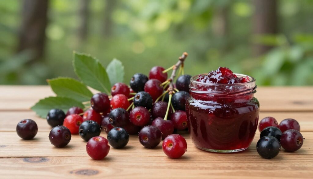 A vibrant display of chokecherry (Czerwicha) fruits, showcasing their deep red and black colors, arranged artistically on a wooden table. In the foreground, a glass jar filled with chokecherry jam, glistening in the soft morning light. The middle ground features a few fresh leaves and twigs, symbolizing the plant's natural habitat. In the background, a blurred image of a lush, green forest, hinting at traditional uses in herbal medicine. The lighting is warm and inviting, highlighting the textures of the fruit and the jar. Capture the essence of health properties and natural beauty, evoking a sense of tradition and well-being in a serene and peaceful atmosphere. A vibrant display of chokecherry (Czerwicha) fruits, showcasing their deep red and black colors, arranged artistically on a wooden table. In the foreground, a glass jar filled with chokecherry jam, glistening in the soft morning light. The middle ground features a few fresh leaves and twigs, symbolizing the plant's natural habitat. In the background, a blurred image of a lush, green forest, hinting at traditional uses in herbal medicine. The lighting is warm and inviting, highlighting the textures of the fruit and the jar. Capture the essence of health properties and natural beauty, evoking a sense of tradition and well-being in a serene and peaceful atmosphere.