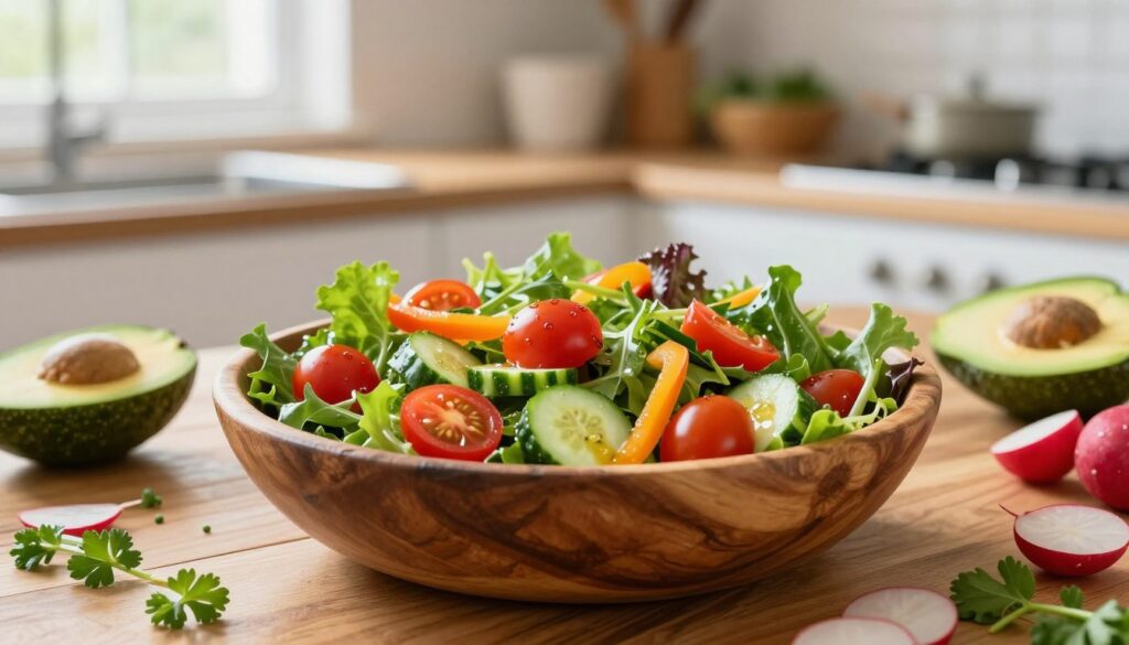 A vibrant, fresh salad composed of mixed greens, cherry tomatoes, cucumbers, and bell peppers, artfully arranged in a rustic wooden bowl. In the foreground, the salad is drizzled with a light vinaigrette, showcasing its glossy texture. The salad is surrounded by various ingredients like sliced avocado, radishes, and herbs scattered around on a wooden kitchen table, suggesting a casual, relaxed preparation. Soft natural light filters in from a nearby window, illuminating the colors and enhancing their freshness. In the middle background, a blurred kitchen counter with a few bowls and utensils adds to the homey atmosphere. The overall mood is inviting and healthy, perfect for a quick work lunch.