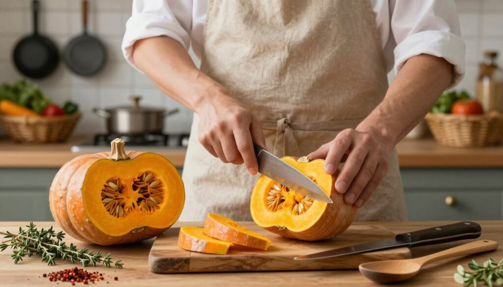 A vibrant kitchen scene showcasing the preparation of Hokkaido pumpkin. In the foreground, a beautifully carved half of a Hokkaido pumpkin sits on a rustic wooden cutting board, revealing its bright orange flesh and seeds. Surrounding it are fresh herbs and spices, such as thyme and paprika, alongside a sharp knife and a wooden spoon. In the middle, a chef, dressed in a neat, modest kitchen apron, carefully slices the pumpkin without peeling, capturing the essence of its skin’s texture. The background features warm, soft lighting, with a cozy kitchen setup, including hanging pots and a basket of fresh vegetables. The overall mood is inviting and homely, emphasizing the simplicity and beauty of cooking with Hokkaido pumpkin.