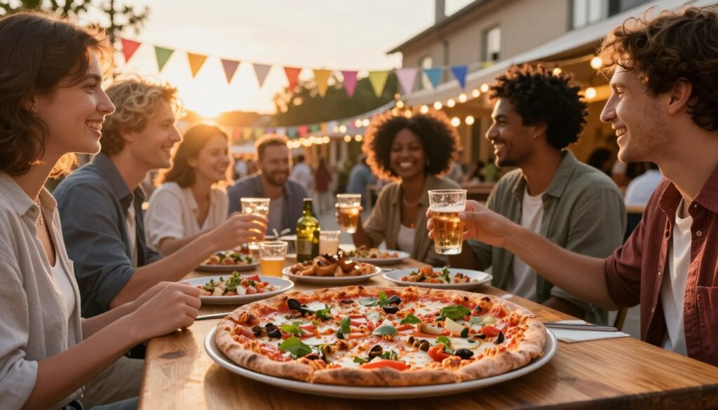 A vibrant pizza celebration scene, showcasing a festive outdoor gathering at sunset. In the foreground, a large, delicious pizza with an assortment of colorful toppings, placed on a wooden table, surrounded by people enjoying the moment. The middle ground features cheerful individuals of diverse backgrounds in smart casual attire, laughing and sharing food, with a few clinking glasses in toasts. In the background, a charming street festooned with colorful bunting and lights, creating a warm, inviting atmosphere. Soft, golden light from the setting sun casts a nostalgic glow on the scene, enhancing the sense of community and joy associated with the pizza holiday. The image captures the essence of togetherness and celebration, without any text or distractions.