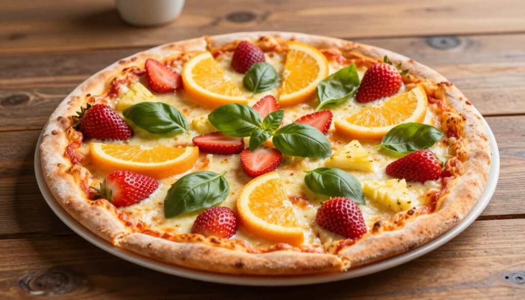 A vibrant pizza topped with an array of colorful fruits, showcasing a harmonious blend of sweet and savory. In the foreground, the pizza is sliced, revealing a gooey cheese layer underneath a colorful medley of ripe strawberries, pineapple chunks, and tangy orange slices, creating an inviting contrast. The middle of the pizza displays fresh basil leaves for a burst of green, enhancing the visual appeal. The background is a rustic wooden table with soft, natural lighting, casting gentle shadows that create a warm, cozy atmosphere. The scene is captured from a slightly elevated angle, emphasizing the delicious topping arrangement while maintaining a focus on the enticing texture of the melted cheese. A vibrant pizza topped with an array of colorful fruits, showcasing a harmonious blend of sweet and savory. In the foreground, the pizza is sliced, revealing a gooey cheese layer underneath a colorful medley of ripe strawberries, pineapple chunks, and tangy orange slices, creating an inviting contrast. The middle of the pizza displays fresh basil leaves for a burst of green, enhancing the visual appeal. The background is a rustic wooden table with soft, natural lighting, casting gentle shadows that create a warm, cozy atmosphere. The scene is captured from a slightly elevated angle, emphasizing the delicious topping arrangement while maintaining a focus on the enticing texture of the melted cheese.