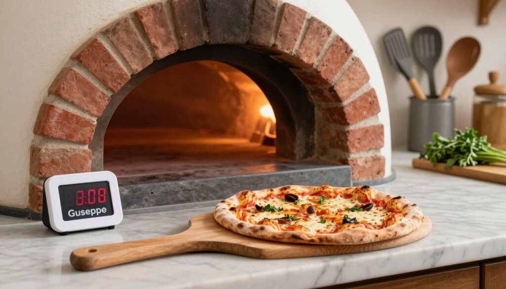 A vibrant scene of a classic kitchen with a brick pizza oven, showcasing a freshly made Pizza Guseppe inside, slightly bubbling cheese and flavored toppings. In the foreground, a wooden pizza peel rests on a marble countertop, with a digital timer indicating the baking time. The middle ground features the oven’s glowing interior, casting a warm light that enhances the rich colors of the pizza. In the background, there are neatly organized cooking utensils and a few herbs for garnish, adding to the rustic ambiance. Soft, diffused lighting bathes the scene, creating a cozy and inviting atmosphere, perfect for a homely cooking experience.