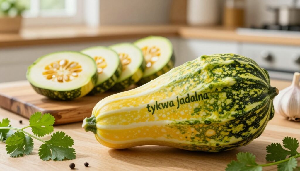 A vibrant scene showcasing a "tykwa jadalna" (edible gourd) prominently in the foreground, displaying its unique green and yellow mottled skin, with distinct ridges and a smooth texture. Surround the gourd with fresh herbs and spices, such as coriander and garlic, to emphasize its culinary potential. In the middle ground, feature an assortment of sliced gourd, revealing its creamy-yellow flesh and seeds, beautifully arranged on a rustic wooden cutting board. The background should softly fade into a cozy kitchen setting, illuminated by warm, natural light streaming through a window, creating an inviting atmosphere. Capture this composition with a close-up lens to enhance the details and textures, evoking a sense of freshness and culinary creativity.