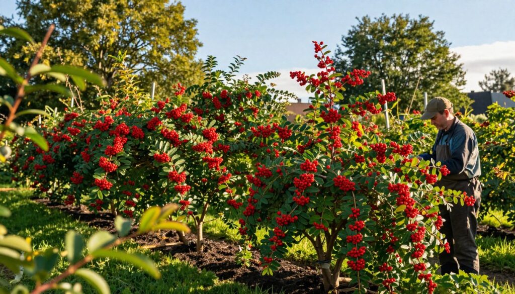 A vibrant scene showcasing the cultivation of the scarlet firethorn (ognik szkarłatny) in a Polish garden. In the foreground, beautifully manicured rows of the firethorn plants, laden with bright red berries, glisten in the sunlight. Lush green leaves and healthy branches create a rich tapestry of colors. In the middle ground, a gardener, dressed in practical attire, tends to the plants, demonstrating care and expertise. The background features a gentle breeze rustling through surrounding trees and a clear blue sky, indicative of a temperate climate. Soft, golden light filters through the leaves, creating an inviting and warm atmosphere, emphasizing the natural beauty of this vital cultivation process. The entire composition encapsulates the essence of nurturing this fruit-bearing plant amidst the scenic Polish landscape.
