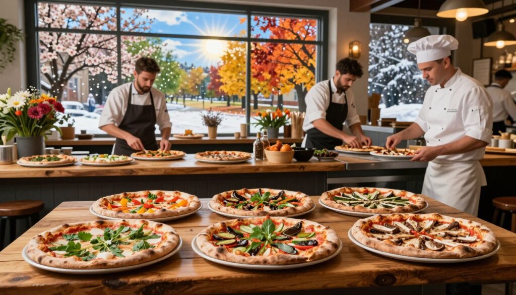 A vibrant seasonal representation of the pizza market in Poland throughout the year. In the foreground, a rustic wooden table displays an assortment of pizzas with various toppings, symbolizing different seasons—fresh spring herbs, summer vegetables, autumn mushrooms, and winter comfort items. The middle ground features a bustling pizzeria with chefs in professional attire, preparing pizzas with visible enthusiasm, surrounded by seasonal decor. In the background, a large window reveals changing outdoor scenes: blooming flowers in spring, sunny skies in summer, colorful leaves in autumn, and softly falling snow in winter. The lighting is warm and inviting, reminiscent of a cozy pizzeria atmosphere, enhancing the seasonal theme with a cheerful and dynamic mood. A vibrant seasonal representation of the pizza market in Poland throughout the year. In the foreground, a rustic wooden table displays an assortment of pizzas with various toppings, symbolizing different seasons—fresh spring herbs, summer vegetables, autumn mushrooms, and winter comfort items. The middle ground features a bustling pizzeria with chefs in professional attire, preparing pizzas with visible enthusiasm, surrounded by seasonal decor. In the background, a large window reveals changing outdoor scenes: blooming flowers in spring, sunny skies in summer, colorful leaves in autumn, and softly falling snow in winter. The lighting is warm and inviting, reminiscent of a cozy pizzeria atmosphere, enhancing the seasonal theme with a cheerful and dynamic mood.
