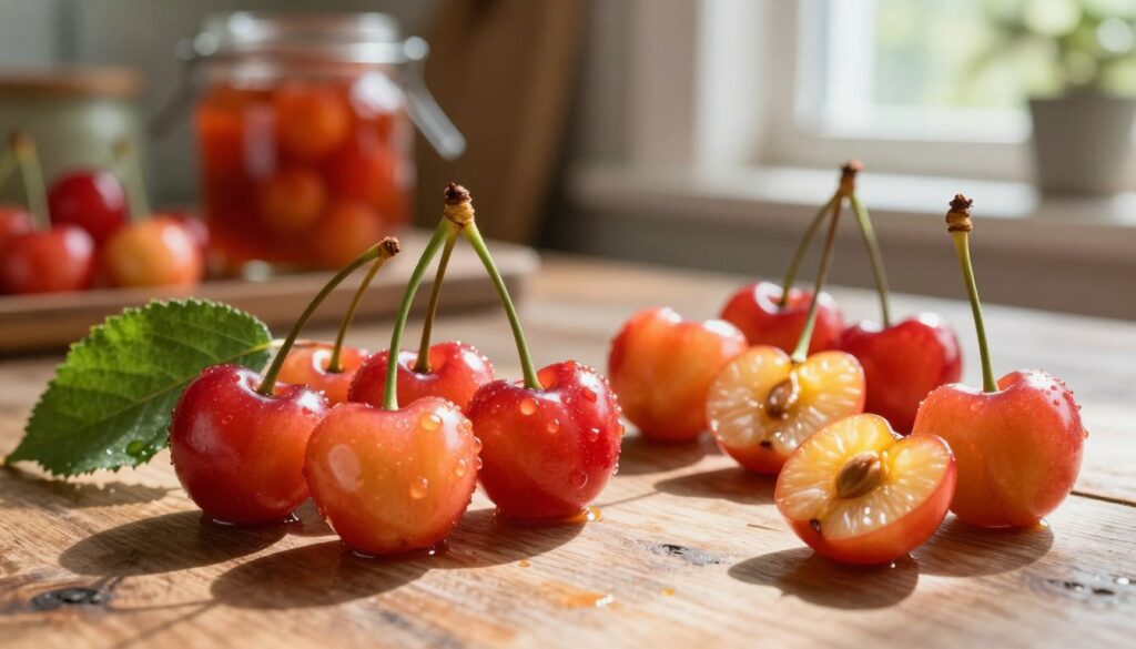 A vibrant still life of "owoce derenia" (cornelian cherries) arranged artistically, focusing on their rich red and orange hues. In the foreground, plump, glossy cherries with a few leaves still attached, glistening with morning dew, creating a sense of freshness. In the middle, some cherries are sliced open, revealing their golden-yellow flesh, conveying a sense of nutritious appeal. The background is softly blurred, featuring hints of a rustic kitchen setting with wooden tables and vintage jars, evoking the idea of homemade preserves and juices. Natural, warm lighting filters through a nearby window, casting gentle shadows, adding depth and a cozy, inviting atmosphere. This composition embodies the uses of cornelian cherries in jams, juices, and liqueurs, making it perfect for culinary inspiration.