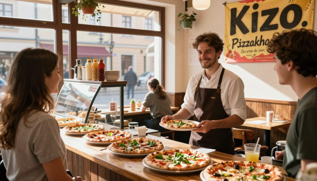 A vibrant street scene in Poland showcasing a cozy pizza shop named "Kizo." In the foreground, a neatly dressed cashier stands at the counter with a welcoming smile, serving customers. The middle ground features an inviting display of various pizzas, each topped with fresh ingredients, while the background displays colorful banners promoting pizza deals, hinting at a bustling neighborhood. Soft afternoon sunlight streams through the large windows, creating a warm and inviting atmosphere. The shop's interior is decorated with rustic wooden furniture and cheerful decor, reflecting a casual yet lively dining experience. Capture the sense of community and eagerness to give customers the best pizza experience, emphasizing a friendly, accessible vibe. A vibrant street scene in Poland showcasing a cozy pizza shop named "Kizo." In the foreground, a neatly dressed cashier stands at the counter with a welcoming smile, serving customers. The middle ground features an inviting display of various pizzas, each topped with fresh ingredients, while the background displays colorful banners promoting pizza deals, hinting at a bustling neighborhood. Soft afternoon sunlight streams through the large windows, creating a warm and inviting atmosphere. The shop's interior is decorated with rustic wooden furniture and cheerful decor, reflecting a casual yet lively dining experience. Capture the sense of community and eagerness to give customers the best pizza experience, emphasizing a friendly, accessible vibe.