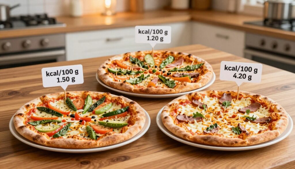 A visually appealing comparison of three types of pizza presented on a wooden table: a homemade pizza, a pizzeria-style pizza, and a frozen pizza. The foreground features the pizzas on elegant white plates, each labeled with their respective kcal/100 g values. The middle part of the image highlights the vibrant toppings of each pizza—fresh vegetables, cheese, and meats—displaying varying textures and colors. The background softly blurs, showing a cozy kitchen ambiance with warm lighting to create an inviting atmosphere. A subtle depth of field adds a professional touch, emphasizing the pizzas. The image captures the essence of each pizza type, showcasing the differences in calorie content and ingredients while maintaining a warm, appetizing vibe. A visually appealing comparison of three types of pizza presented on a wooden table: a homemade pizza, a pizzeria-style pizza, and a frozen pizza. The foreground features the pizzas on elegant white plates, each labeled with their respective kcal/100 g values. The middle part of the image highlights the vibrant toppings of each pizza—fresh vegetables, cheese, and meats—displaying varying textures and colors. The background softly blurs, showing a cozy kitchen ambiance with warm lighting to create an inviting atmosphere. A subtle depth of field adds a professional touch, emphasizing the pizzas. The image captures the essence of each pizza type, showcasing the differences in calorie content and ingredients while maintaining a warm, appetizing vibe.