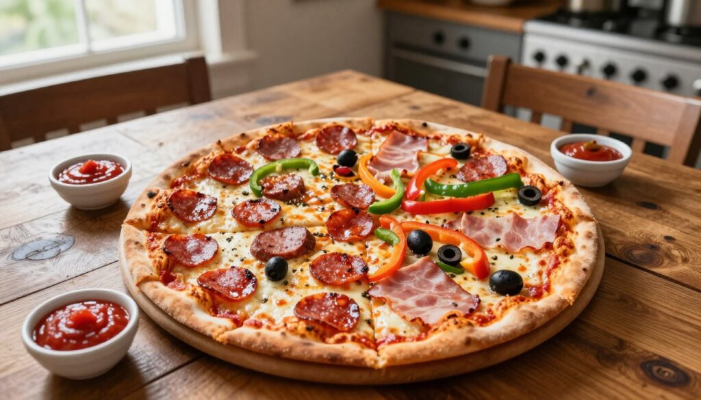 A visually appealing overhead view of a large 50 cm pizza, elegantly garnished with various toppings. In the foreground, vibrant slices of pepperoni, ham, and sausage are sprinkled artistically across the cheese, accompanied by a medley of fresh vegetables like bell peppers and black olives. Surrounding the pizza, small dipping bowls with rich tomato sauce add a splash of color. The middle ground features a rustic wooden table set with a warm, inviting atmosphere, illuminated by soft, natural lighting from a nearby window. The background includes a cozy kitchen setting, enhancing the homely feel. Capture the mood of indulgence and sharing, making it feel appetizing and inviting. A visually appealing overhead view of a large 50 cm pizza, elegantly garnished with various toppings. In the foreground, vibrant slices of pepperoni, ham, and sausage are sprinkled artistically across the cheese, accompanied by a medley of fresh vegetables like bell peppers and black olives. Surrounding the pizza, small dipping bowls with rich tomato sauce add a splash of color. The middle ground features a rustic wooden table set with a warm, inviting atmosphere, illuminated by soft, natural lighting from a nearby window. The background includes a cozy kitchen setting, enhancing the homely feel. Capture the mood of indulgence and sharing, making it feel appetizing and inviting.