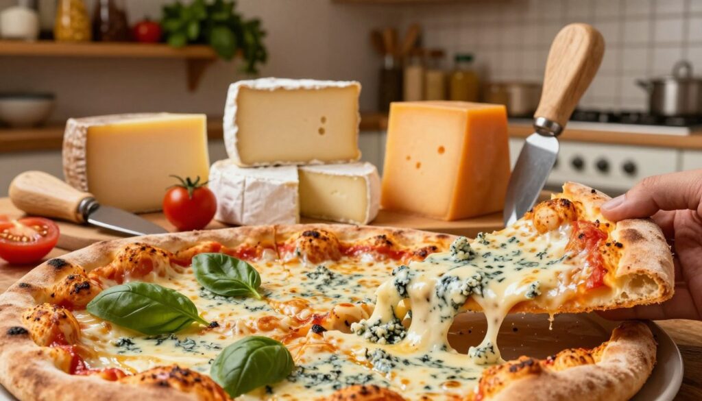 A visually captivating composition featuring a variety of cheeses transforming the essence of a pizza. In the foreground, a molten, creamy blue cheese oozes invitingly over a freshly baked pizza slice, contrasting with patches of fresh basil and vibrant tomatoes. In the middle ground, display a selection of other cheeses, including a rich brie, sharp cheddar, and tangy gorgonzola, artfully arranged with a rustic cheese knife rested beside them. The background showcases a cozy Italian kitchen, with wooden shelves lined with herbs and spices. Soft, warm lighting casts a golden glow over the scene, enhancing the appetizing textures. The mood is inviting and rustic, embodying the rich tradition of cheese in pizza making. A visually captivating composition featuring a variety of cheeses transforming the essence of a pizza. In the foreground, a molten, creamy blue cheese oozes invitingly over a freshly baked pizza slice, contrasting with patches of fresh basil and vibrant tomatoes. In the middle ground, display a selection of other cheeses, including a rich brie, sharp cheddar, and tangy gorgonzola, artfully arranged with a rustic cheese knife rested beside them. The background showcases a cozy Italian kitchen, with wooden shelves lined with herbs and spices. Soft, warm lighting casts a golden glow over the scene, enhancing the appetizing textures. The mood is inviting and rustic, embodying the rich tradition of cheese in pizza making.