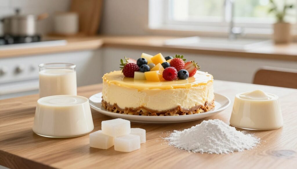 A visually rich layout featuring various substitutes for pudding in a cheesecake context. In the foreground, display an elegant assortment of alternatives, like silken tofu, cornstarch, agar-agar, and custard powder, arranged attractively on a wooden table. The middle ground shows a beautifully crafted cheesecake topped with fresh fruits, emphasizing its smooth, creamy texture. In the background, a softly lit kitchen environment with natural light streaming through a window, enhancing the warm, inviting atmosphere. Use a shallow depth of field to focus on the substitutes while softly blurring the background. The overall mood is cozy and inspiring, conveying a sense of creativity and culinary exploration. A visually rich layout featuring various substitutes for pudding in a cheesecake context. In the foreground, display an elegant assortment of alternatives, like silken tofu, cornstarch, agar-agar, and custard powder, arranged attractively on a wooden table. The middle ground shows a beautifully crafted cheesecake topped with fresh fruits, emphasizing its smooth, creamy texture. In the background, a softly lit kitchen environment with natural light streaming through a window, enhancing the warm, inviting atmosphere. Use a shallow depth of field to focus on the substitutes while softly blurring the background. The overall mood is cozy and inspiring, conveying a sense of creativity and culinary exploration.