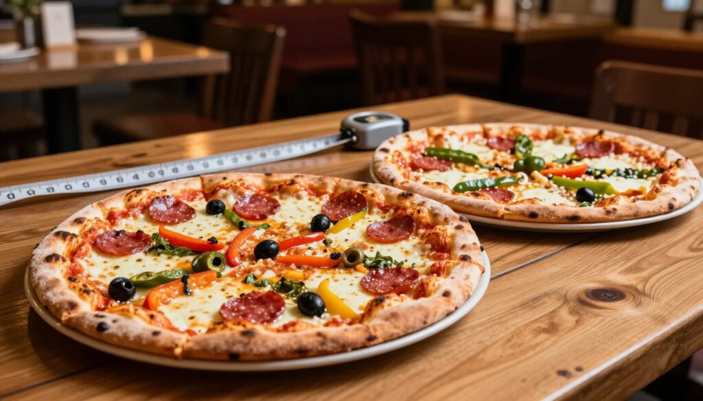 A visually striking comparison of two pizzas, one 45 cm and the other 32 cm in diameter, prominently displayed side by side on a wooden table. The larger pizza, topped with a vibrant array of fresh ingredients—melted cheese, pepperoni, olives, and bell peppers—should take the focus in the foreground, with the smaller pizza beside it, featuring a similar topping spread but appearing more modest in size. The middle ground should include a measuring tape laid next to the pizzas, emphasizing the size difference, while the background presents a cozy Italian pizzeria ambiance with warm, inviting lighting casting soft shadows. The mood should convey a sense of culinary delight and curiosity, appealing to pizza lovers. Use a shallow depth of field to blur the background slightly, drawing attention to the pizzas. A visually striking comparison of two pizzas, one 45 cm and the other 32 cm in diameter, prominently displayed side by side on a wooden table. The larger pizza, topped with a vibrant array of fresh ingredients—melted cheese, pepperoni, olives, and bell peppers—should take the focus in the foreground, with the smaller pizza beside it, featuring a similar topping spread but appearing more modest in size. The middle ground should include a measuring tape laid next to the pizzas, emphasizing the size difference, while the background presents a cozy Italian pizzeria ambiance with warm, inviting lighting casting soft shadows. The mood should convey a sense of culinary delight and curiosity, appealing to pizza lovers. Use a shallow depth of field to blur the background slightly, drawing attention to the pizzas.