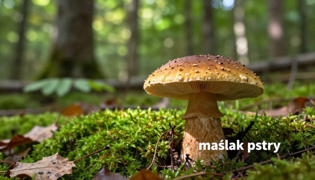 A vivid depiction of the "maślak pstry" mushroom in a forest setting, showcasing its distinctive characteristics. In the foreground, the details of the mushroom are highlighted, featuring a cap with a rich brownish-yellow hue, adorned with fine dots and a slightly scaly surface. The gills should be visible, emphasizing their light coloration. Surrounding the mushroom, vibrant green moss and fallen leaves create a natural base. In the middle ground, gently blurred trees provide depth, with shafts of soft sunlight filtering through the leaves, casting dappled shadows. The background should have a tranquil forest atmosphere, filled with hints of additional flora. The overall mood is serene and inviting, capturing the essence of a peaceful woodland environment where one might discover the "maślak pstry." Focus on natural lighting and a slight angle that draws the viewer's eye towards the mushroom.