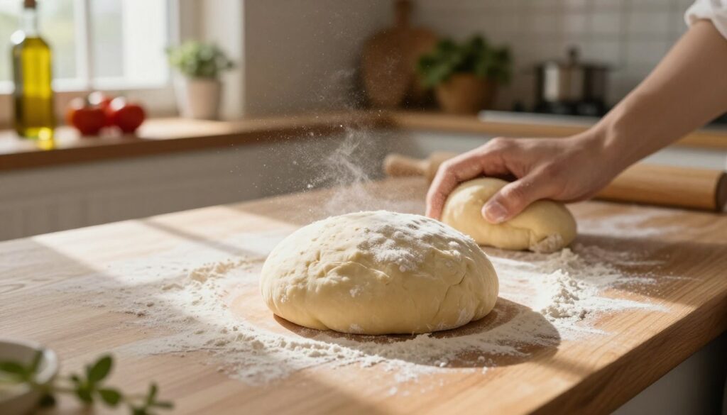 A warm, inviting scene showcasing freshly kneaded dough for mini pizza on a wooden countertop. In the foreground, a smooth ball of soft, golden-hued yeast dough rests lightly dusted with flour, capturing the texture and elasticity. The middle ground features a hand gently stretching the dough, with flour swirling up in the air. Soft, diffused natural light streams in from a nearby window, illuminating the dough and creating delicate shadows on the countertop. The background reveals a cozy kitchen atmosphere, with hints of rustic wooden shelves filled with simple ingredients like olive oil, herbs, and tomatoes. The mood is cheerful and engaging, emphasizing the homemade aspect of mini pizza preparation.