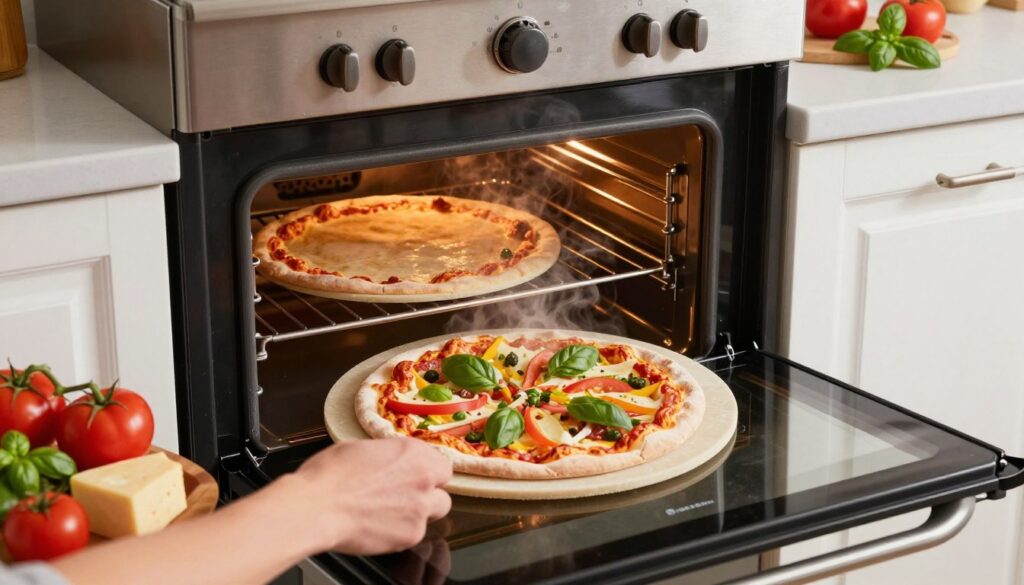 A well-equipped kitchen featuring an oven with a pizza stone placed at the ideal baking level, surrounded by fresh ingredients like tomatoes, cheese, and basil. The foreground shows a hand placing a pizza onto the stone, showcasing the layered toppings in vibrant colors. In the middle ground, the oven door is partly opened, revealing the golden crust of another pizza baking inside, with steam rising gently. The background includes well-lit kitchen utensils and a clean countertop to create a warm, inviting atmosphere. The scene is illuminated with soft, natural light for a realistic, appetizing look. The perspective is slightly angled from above, focusing on the positioning of the pizza and the oven setup.