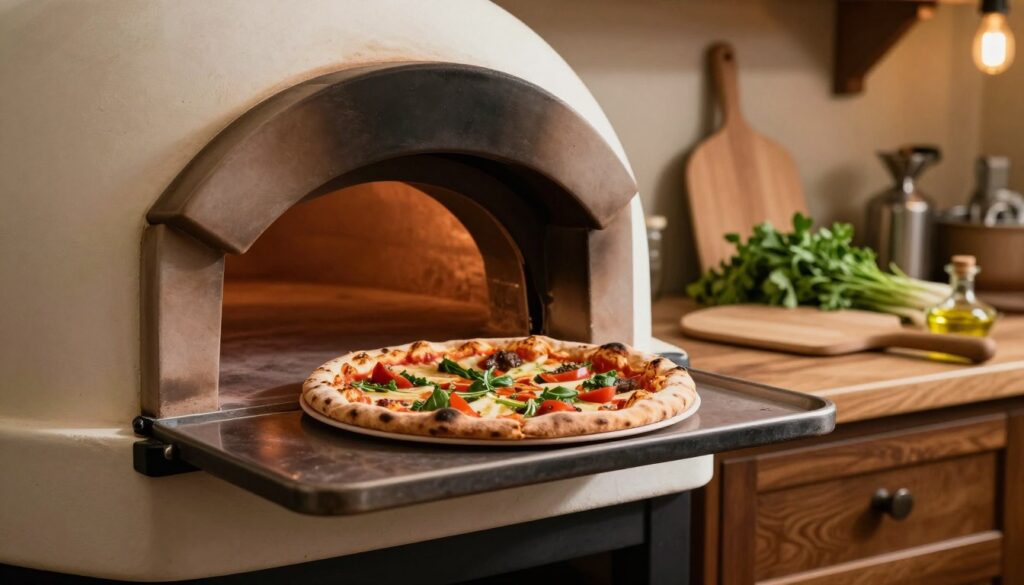 A well-maintained pizza oven, elegantly designed, is the focal point in the foreground, showcasing a perfectly crisp pizza resting inside. The oven door is slightly ajar, revealing the warm glow of the interior, highlighting the rich textures and vibrant colors of the toppings. In the middle ground, a wooden countertop holds a pizza peel, fresh herbs, and a small bowl of olive oil, emphasizing a rustic kitchen atmosphere. The background features warm-toned walls and ambient lighting that creates a cozy and inviting mood. The scene captures the essence of keeping pizza warm without drying it out, and the overall composition suggests a sense of culinary expertise and warmth, with soft shadows enhancing the textures.