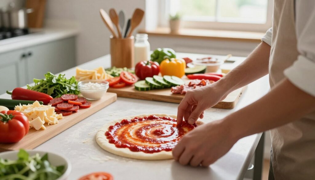 A well-organized pizza-making setup in a bright kitchen, showcasing the step-by-step layering of pizza ingredients. In the foreground, a person in modest casual clothing expertly spreads tomato sauce on a pizza dough base, with a focus on the delicate texture of the sauce. The middle ground presents a variety of vibrant toppings, such as fresh vegetables, cheese, and pepperoni, artfully arranged on a wooden cutting board, emphasizing the colors and freshness of each item. In the background, soft natural light streams through a window, creating a warm, inviting atmosphere. The kitchen is tidy, with utensils neatly placed, enhancing the feeling of a professional cooking environment. The overall mood reflects a blend of creativity and culinary expertise.