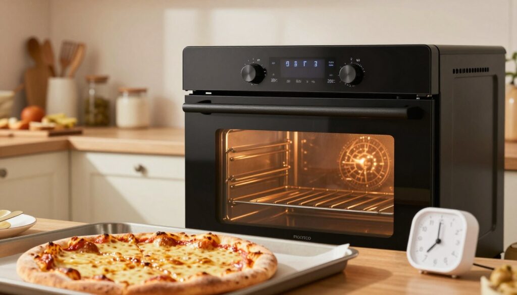 An inviting kitchen scene focused on a modern oven displaying its temperature settings of 180°C and 200°C. The foreground features a freshly baked pizza on a baking tray, with a perfectly crispy crust and bubbling cheese, positioned beside a sleek timer set for the ideal baking time. In the middle, a close-up view of the oven’s interior showcases heat circulation, highlighting the termoobieg function with warm, glowing elements. The background captures a cozy, well-lit kitchen atmosphere, with utensils and ingredients subtly arranged on a countertop, creating a homely feel. The lighting should be warm and inviting, emphasizing the golden tones of the pizza and enhancing the overall appetizing look. The perspective is slightly angled, inviting viewers into the scene while maintaining clarity on the oven's features. An inviting kitchen scene focused on a modern oven displaying its temperature settings of 180°C and 200°C. The foreground features a freshly baked pizza on a baking tray, with a perfectly crispy crust and bubbling cheese, positioned beside a sleek timer set for the ideal baking time. In the middle, a close-up view of the oven’s interior showcases heat circulation, highlighting the termoobieg function with warm, glowing elements. The background captures a cozy, well-lit kitchen atmosphere, with utensils and ingredients subtly arranged on a countertop, creating a homely feel. The lighting should be warm and inviting, emphasizing the golden tones of the pizza and enhancing the overall appetizing look. The perspective is slightly angled, inviting viewers into the scene while maintaining clarity on the oven's features.